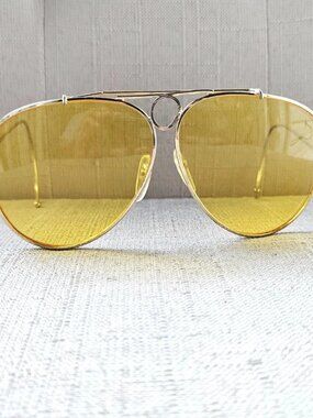 Vintage Men Sunglasses Yellow Tone Lenses Gold Tone Metal Frame Eyewear F.S